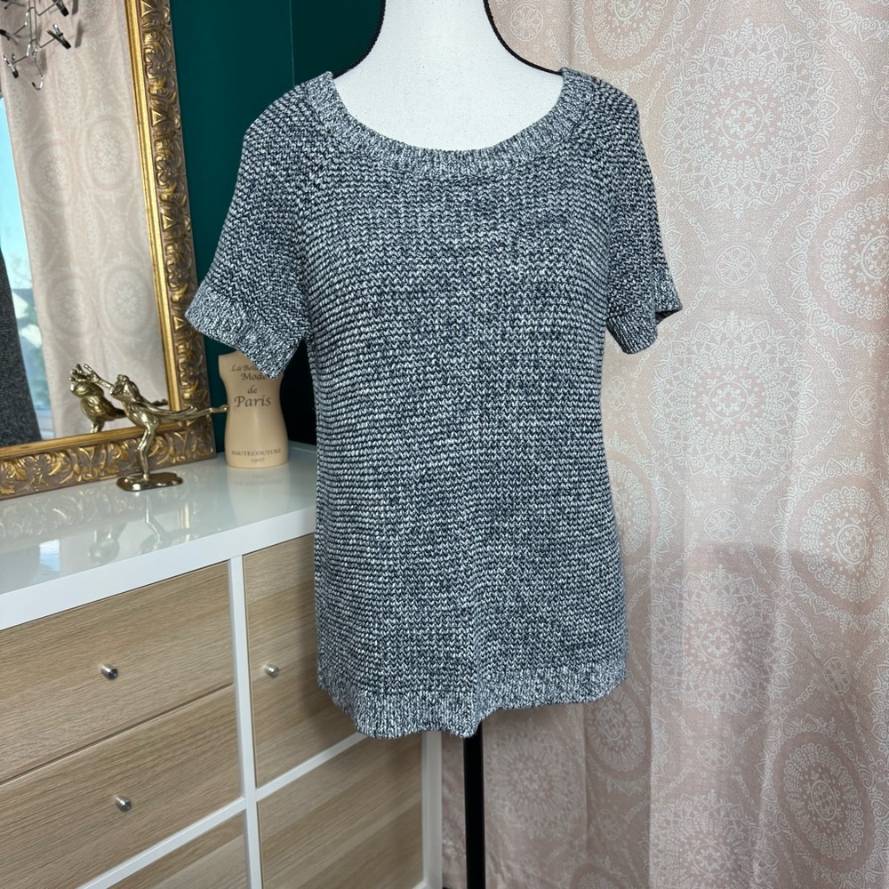Lucky Brand Short Sleeve Black White Marled Knit Sweater Top Size Small